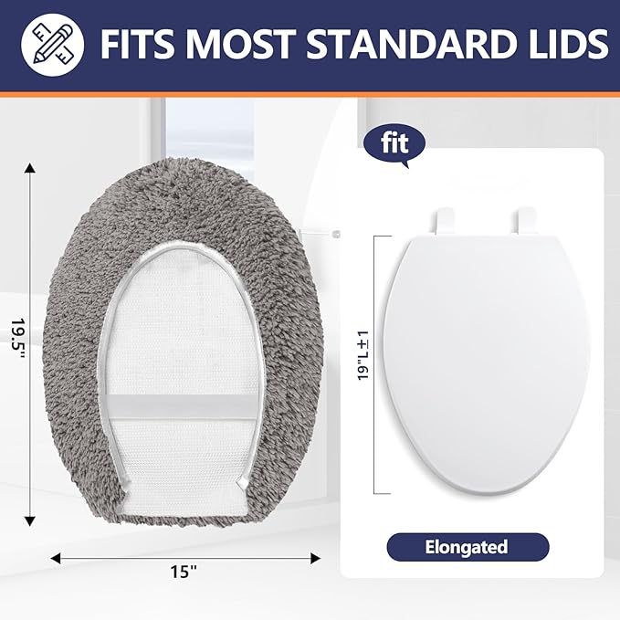 Microfiber Elongated Toilet Seat Cover 19.5"x 15" Machine Washable Solid Toilet Lid Cover Adjustable Rubber Backing Fits Most 18-19.5" L x 14-16" W Elongated Toilet Seat