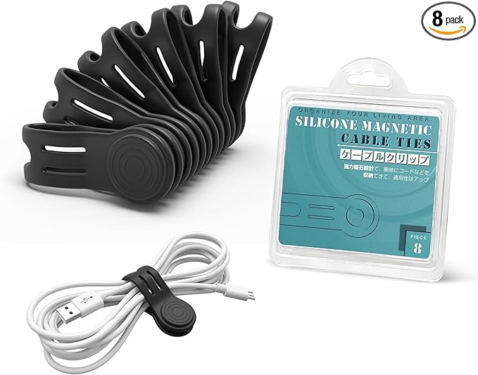 Kanemc Magnetic Ties For Cords, Cord Wrap Silicone Zip Ties Twist Ties Magnet Strap For Smartphone Charger Earphone Video Game USB C Cables (8-Pack, Black)