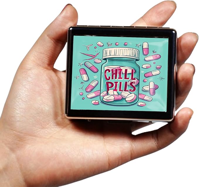 Cute and Portable Metal Pill Organizer – 8 Compartments, Elegant Chrome Finish, Ideal for Travel and Daily Use (Chill Pills Fun)