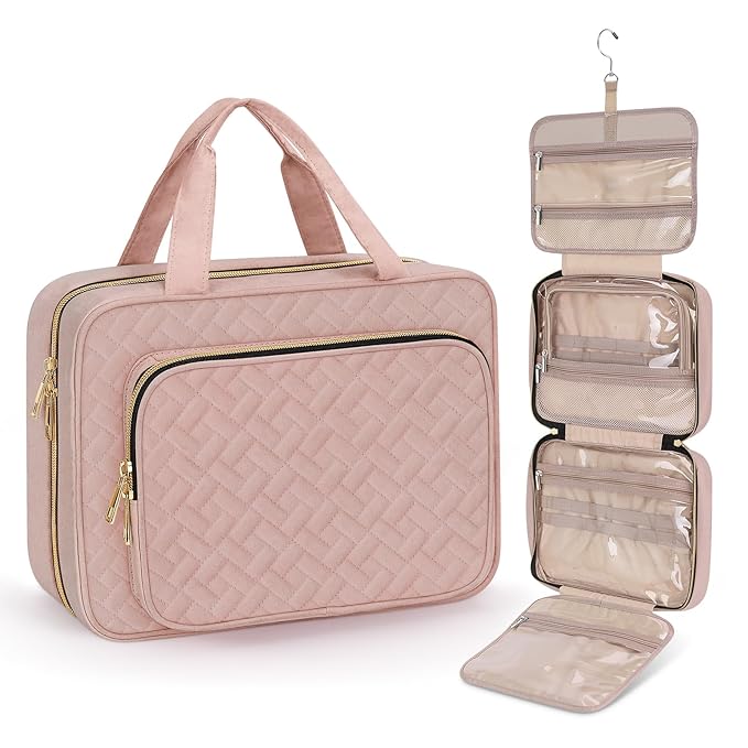 Wedama Toiletry Bag for Women, Large Cosmetic Travel Bag, Hanging Toiletry Bag for Bathroom, Thickened PVC Waterproof Makeup Bag, Toiletries Bag for Travel Business Trips and Camping, Baby Pink