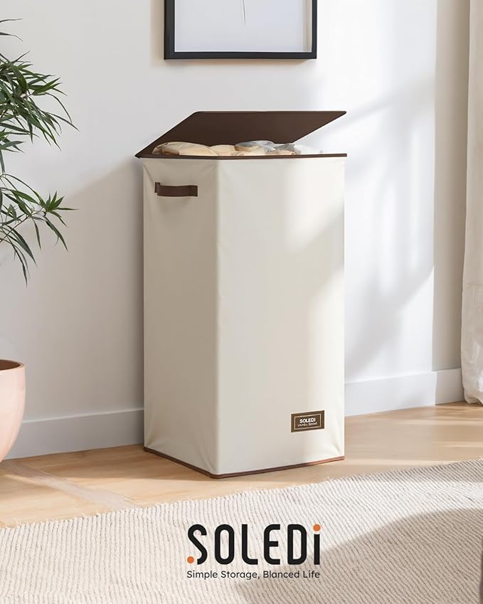 SOLEDI Laundry Hamper with Lid 100L Large & Tall Collapsible Laundry Basket, Clothes Hamper with Bag Removable Easy to Carry, Dirty Hampers for Bedroom, Bathroom, Dorm, College, Off-White