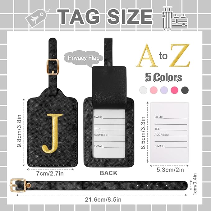 Personalized Initial Luggage Tags for Suitcase TSA Approved, Black Leather Cute Luggage Tag with Privacy Cover Name Card, Embroidered Custom Luggage Tags Travel Backpack Tags Gifts for Women Kids(J)