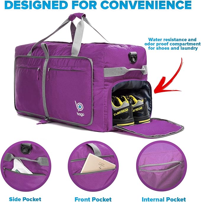 Bago Large Foldable Duffel Bags for Traveling Women & Men - 120L Packable Duffle Bag for Travel with Shoe Compartment - Water Repellant, Heavy Duty, Lightweight Folding & Collapsible (Purple)