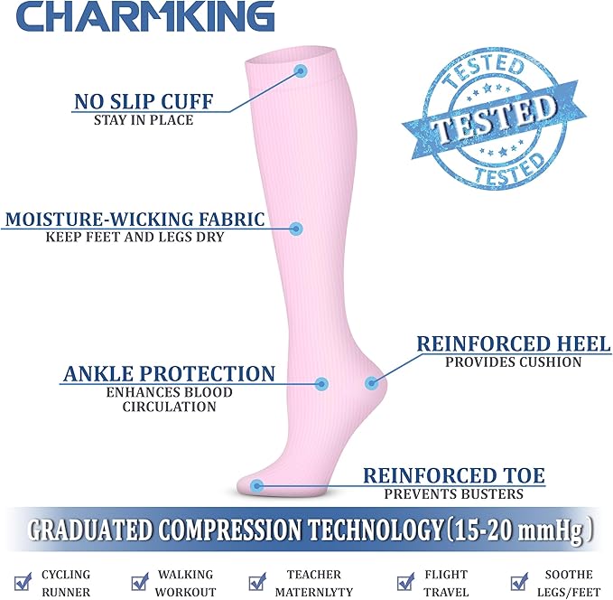 CHARMKING Compression Socks for Women & Men Circulation (3 Pairs) 15-20 mmHg is Best Support for Athletic Running Cycling