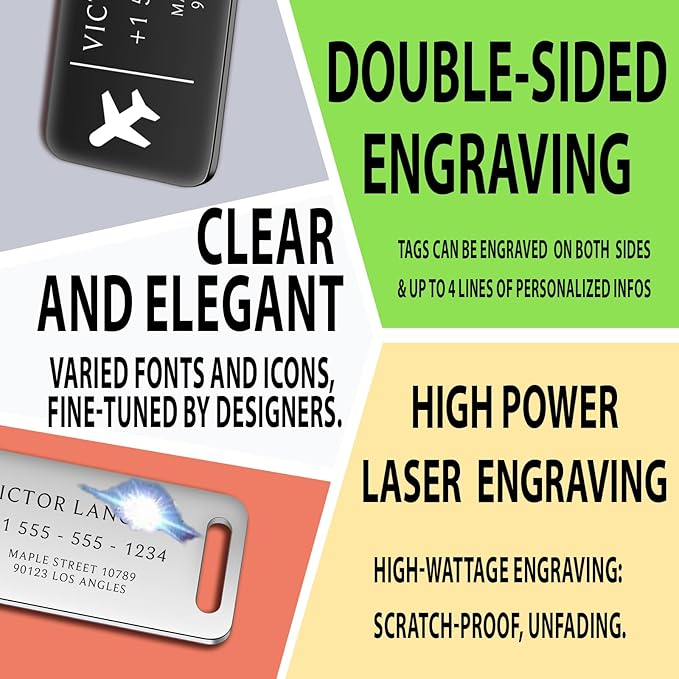 Personalized Luggage Tags for Suitcases - Stainless Steel Custom Luggage Tags for Backpacks & Bags, Sturdy, Waterproof & Heavy Duty (Rose Gold or Silver / 3" x 1.25")
