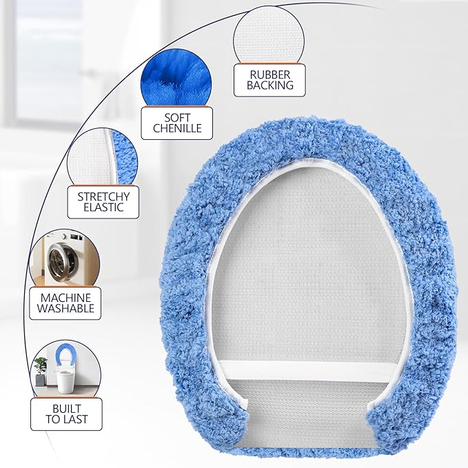 Microfiber Elongated Toilet Seat Cover 19.5"x 15" Machine Washable Solid Toilet Lid Cover Adjustable Rubber Backing Fits Most 18-19.5" L x 14-16" W Elongated Toilet Seat