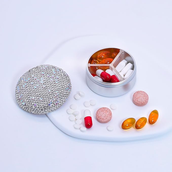 Small Pill Case 3 Compartments, Metal Round Portable Pill Box, Waterproof Travel Pill Organizer, Pocket Purse Medicine Vitamin Holder EDC Container (Silver with Rhinestone)