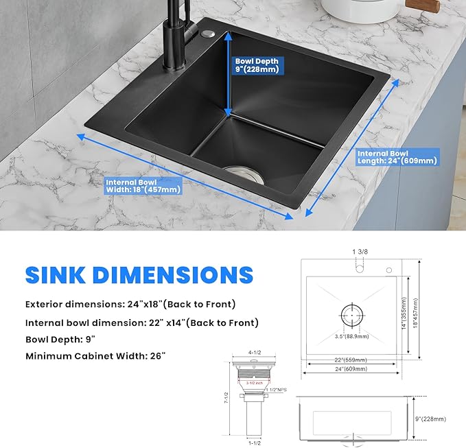 POPFLY 24 Inch Drop In Kitchen Sink, 24×18 Inch Top mount 304 Stainless Steel Bar or Prep Small Single Bowl Sink 18 Gauge Handmade Outdoor Black Rv Sink