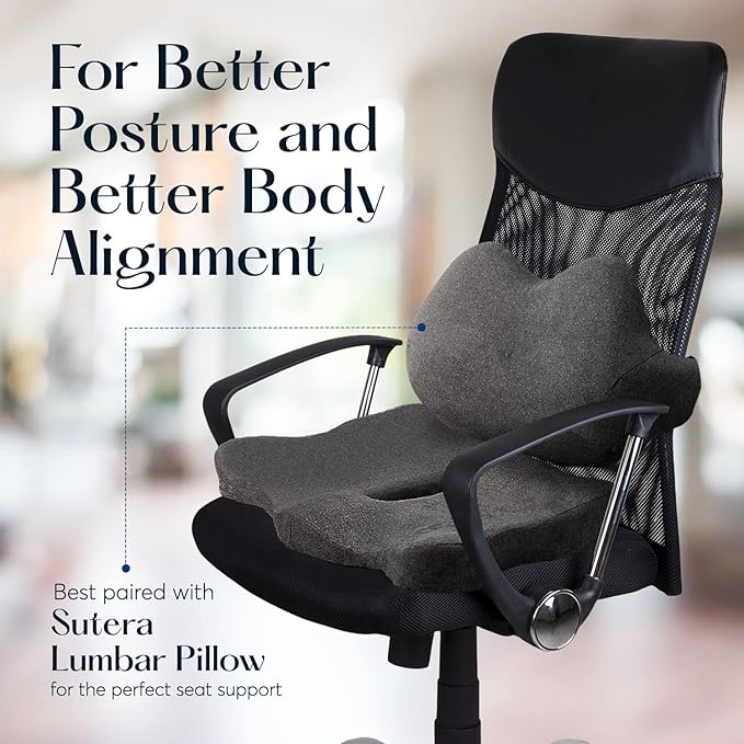 SUTERA Proper Posture Seat Cushion for Office Chair or Car Seat, Superior Memory Foam for Support and Back Pain Relief, Rubber Grips Underneath to Prevent Shifting (17.7x16x4.3 inches)