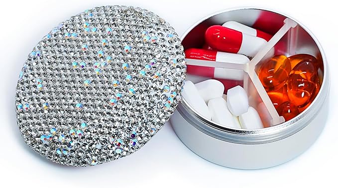Small Pill Case 3 Compartments, Metal Round Portable Pill Box, Waterproof Travel Pill Organizer, Pocket Purse Medicine Vitamin Holder EDC Container (Silver with Rhinestone)