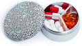 Small Pill Case 3 Compartments, Metal Round Portable Pill Box, Waterproof Travel Pill Organizer, Pocket Purse Medicine Vitamin Holder EDC Container (Silver with Rhinestone)