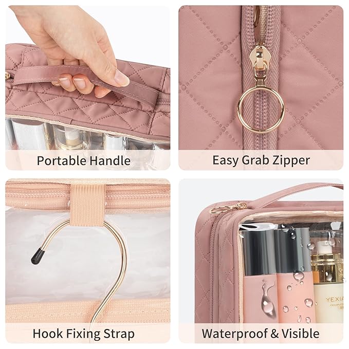 Clear Cosmetic Bags, Hanging Toiletry Bag for Travelling, Transparent Makeup Organizer Case, Water-resistant Portable Skncare Storage Pouch with Handle, Travel Must Haves
