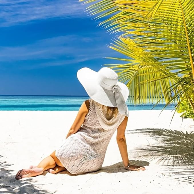 DRESHOW Beach Hats for Women Big Straw Wide Brim Summer Hat Floppy Foldable Roll up Cap Sun Hat UPF 50+