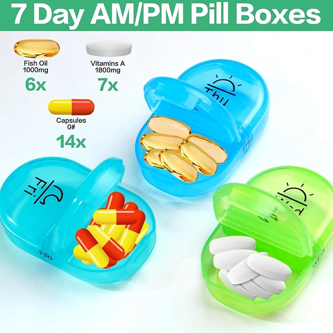 Serfeymi Weekly Travel Pill Organizer 2 Times A Day AM PM Upgraded Rainbow Pill Box 7 Day with Portable Zipper PU Leather Pill Case, Medicine Organizer for Pills, Vitamins, Fish Oils - Blue 01