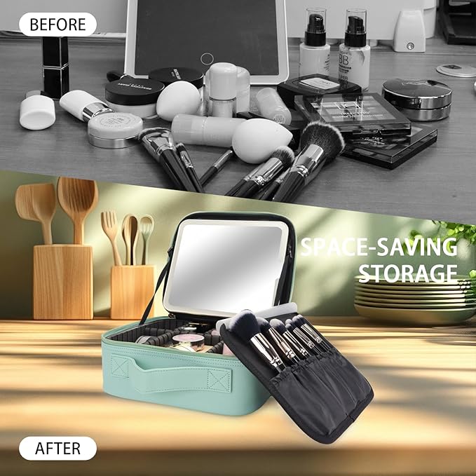 Makeup Bag with Led Mirror,Travel Makeup Organizer with 3 Color Setting, Portable Storage and Adjustable Dividers Travel Makeup Bag(light green)