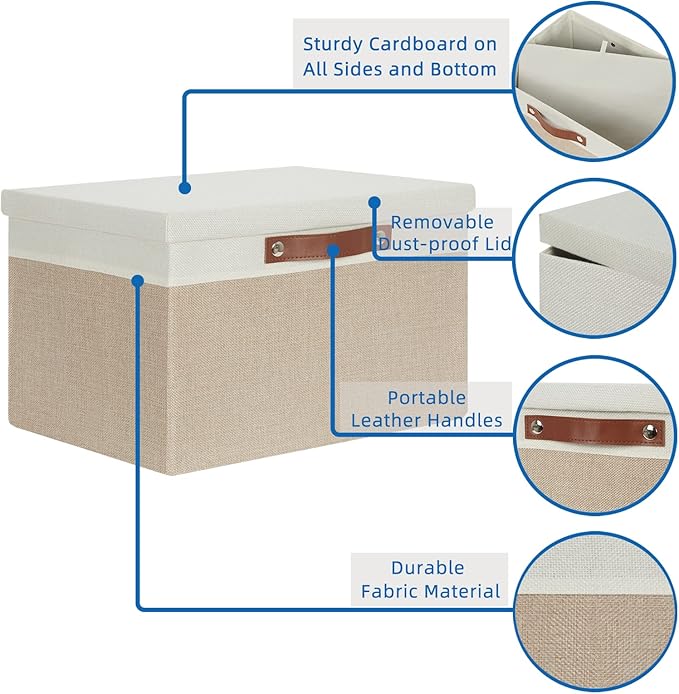 Temary Foldable Storage Bins with Lids, [2-Pack] Large Storage Baskets with Lid, Fabric Storage Bin for Organizing Home (White & Khaki, 15x11x9.5inch)