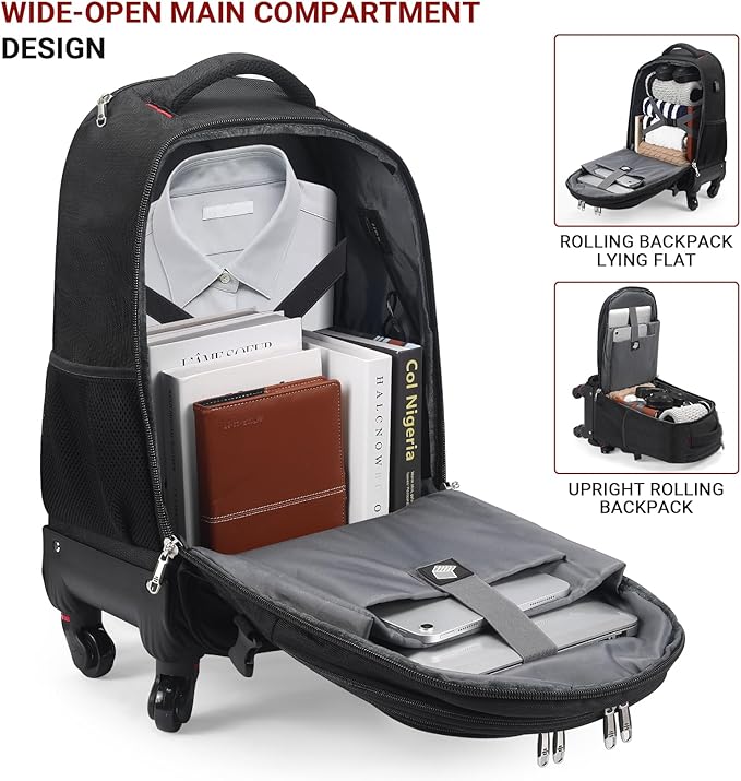 Rolling Backpack with Wheels - Water-Resistant, Airline Approved Underseat Travel Luggage, Ideal 18*14*8 Personal Item Suitcase, Wheeled Backpack, Roller Backpack, and Rolling Laptop Bag