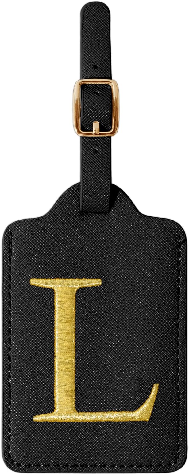 Personalized Initial Luggage Tags for Suitcase TSA Approved, Black Leather Cute Luggage Tag with Privacy Cover Name Card, Embroidered Custom Luggage Tags Travel Backpack Tags Gifts for Women Kids(L)