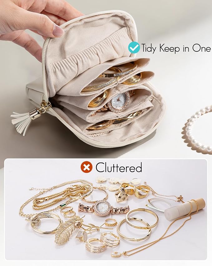 Vlando Small Travel Jewelry Case,Travel Gifts for Women,Jewelry Pouch Bags with Zipper,Velvet Jewelry Organizer Storage Bag for Bracelet Rings Earring-Cream White
