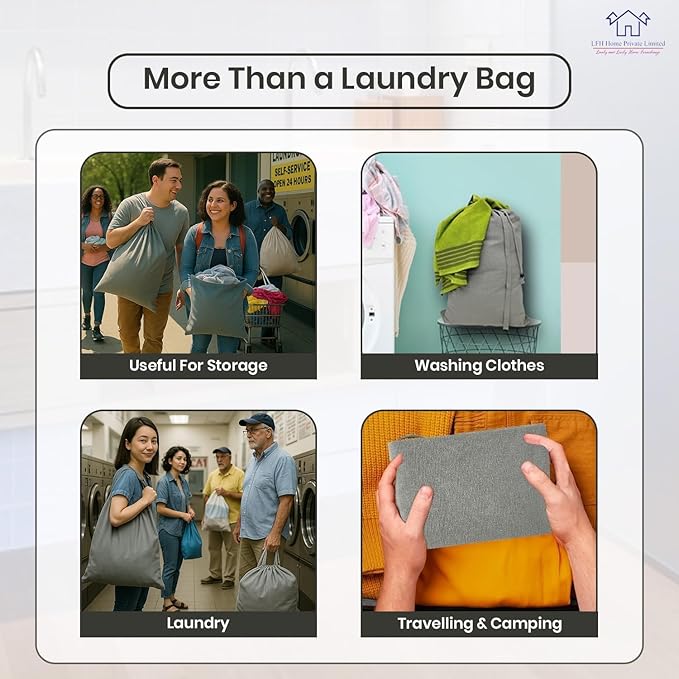 LFH Home Cotton Canvas Large Laundry Bag with Handle, Heavy Duty Drawstring Closure Washable Laundry Bags, School Travel, Home, Hotel, College Dorm, Organizer Sack, Toys Clothes 28x36 (Pack of 2)-Grey