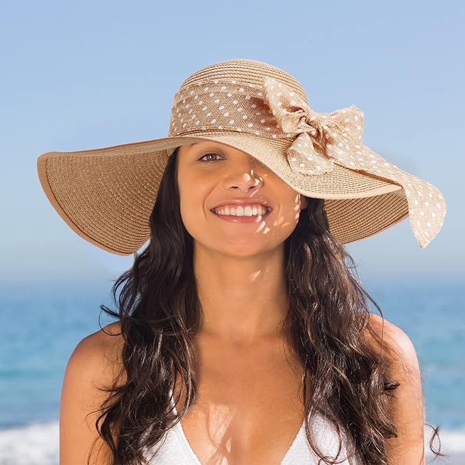 DRESHOW Beach Hats for Women Big Straw Wide Brim Summer Hat Floppy Foldable Roll up Cap Sun Hat UPF 50+