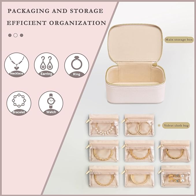 Jewelry Box Organizer for Women,Small Travel Jewelry Case,Mini Travel Jewelry Organizer with 8 Velvet Jewelry Zipper Pouches, Jewelry Box Organizer for Teacher Gifts Wedding Gifts(Off White)