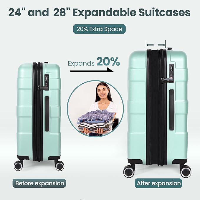 Luggage Sets 3 Piece with Spinner Wheel, Hardside Suitcase Set with TSA Lock, Expandable Lightweight Travel Luggage for Men and Women, Mint Green