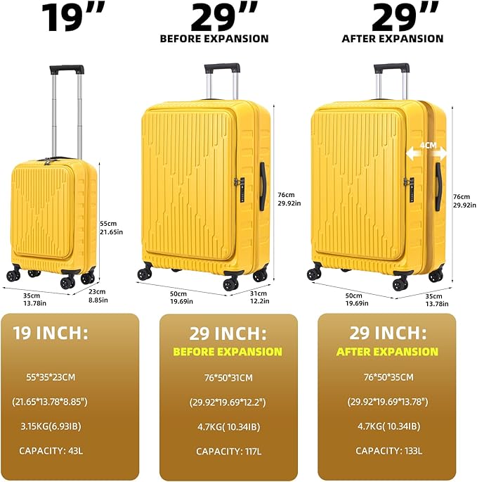 2 Pieces 19/29 Luggage Sets, 19 Inch Carry On Luggage with Front Pocket & 29 Inch Side Opening Suitcase, Ligthweight ABS+PC Hardshell, TSA Lock & YKK Zipper with HINOMOTO 360° Wheels, Yellow