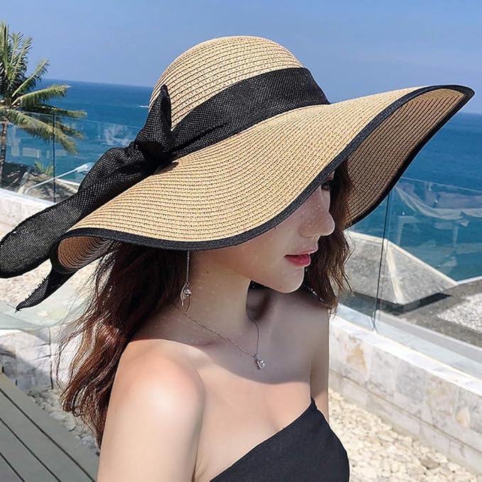 DRESHOW Beach Hats for Women Big Straw Wide Brim Summer Hat Floppy Foldable Roll up Cap Sun Hat UPF 50+