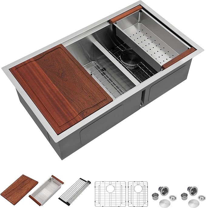 Dcolora 36 Inch Large Double Bowl Low-Divide Kitchen Sink Undermount 16 Gauge Stainless Steel 60/40 Split with Workstation, 36"x19"x10" Double Basin, DC-U7739