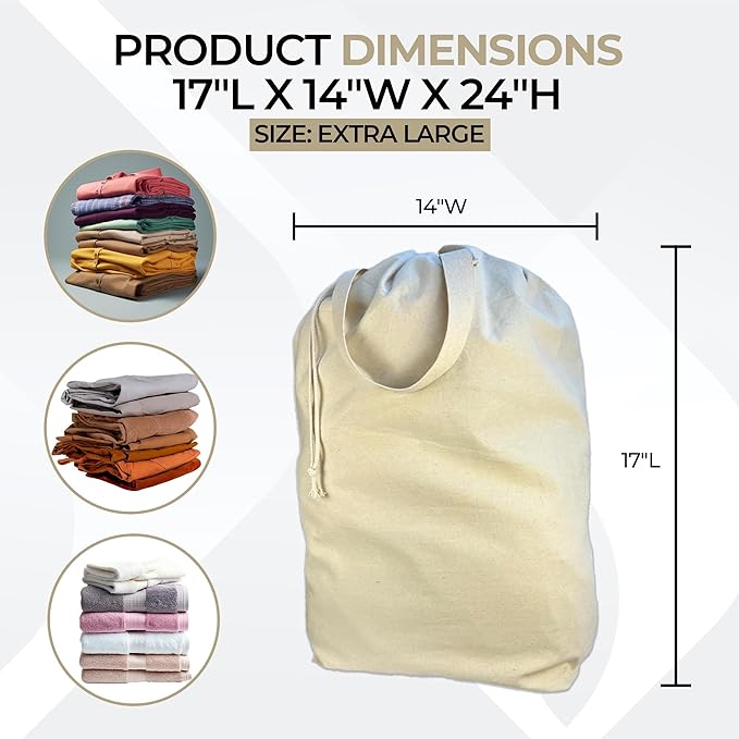 SET of 2-100% Cotton Laundry Bags Extra Large Heavy Duty, Canvas Laundry Bag with 2 Handles and Drawstring, College Laundry Bag, Washable, made in USA.