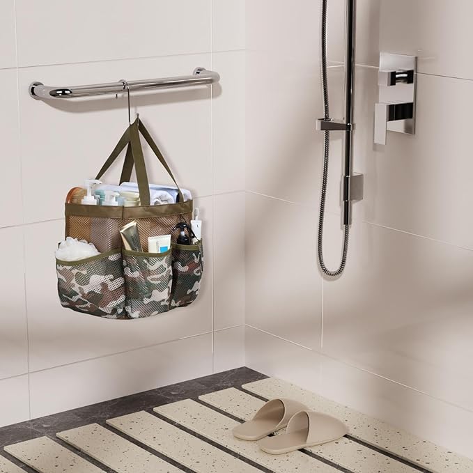 F-color Shower Caddy Portable - Mesh Shower Bag Basket Tote for College Dorm Room Essentials Bathroom Gym Camp Quick Dry for Women Men with S Hook, Brown Camouflage