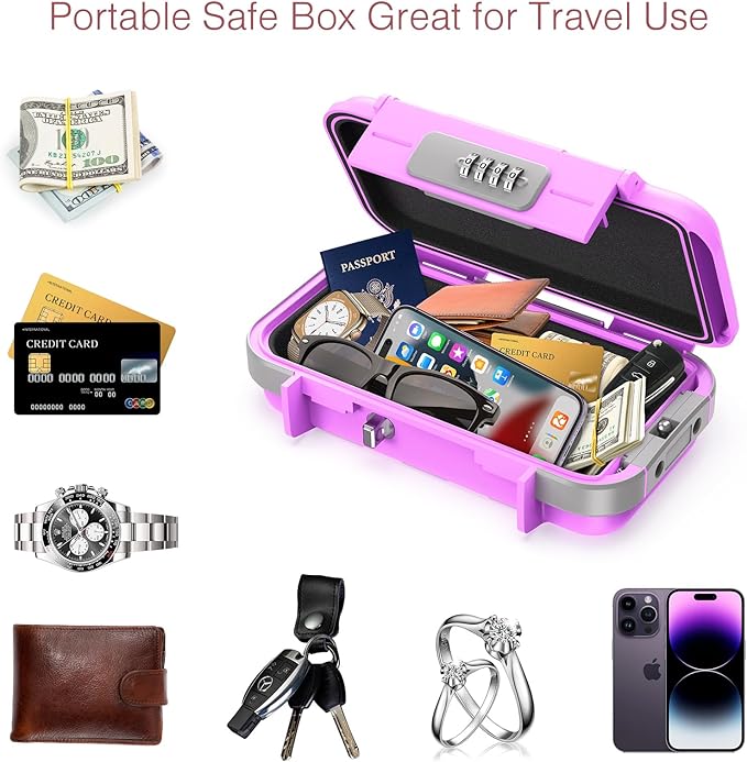 LOFICOPER Portable Safe Box, Travel Safe Lock Box, Waterproof Beach Lock Box, Personal Security Case, with Combination Code, Detachable Steel Rope, for Travel, Beach, Hotel, Home, Office, Pink