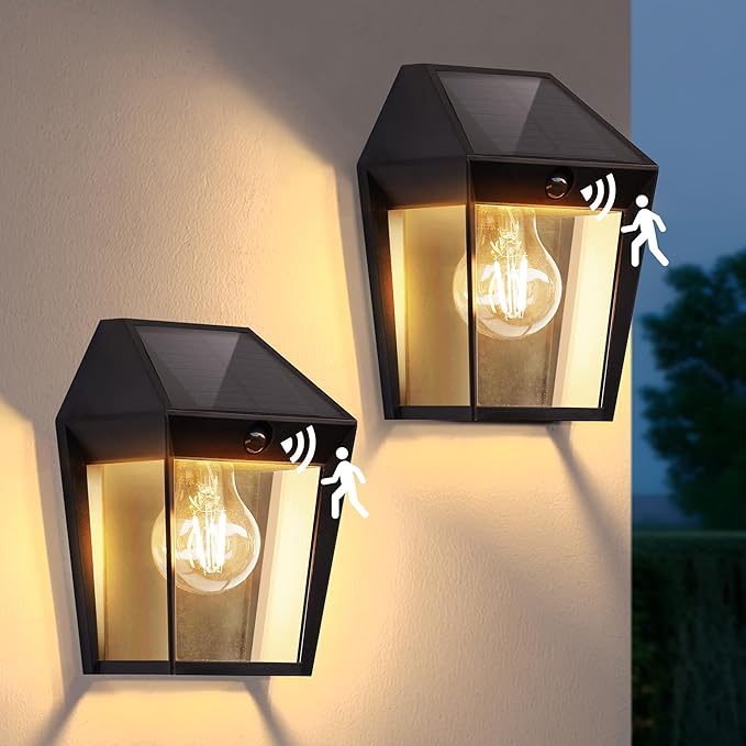 LUTEC 2 Pack Solar Wall Lights Outdoor, Solar Wall Lanterns with 3 Modes, Dusk to Dawn Motion Sensor Led Sconce Lights, Waterproof Exterior Front Door Porch Lights for Outside, Patio, Garage