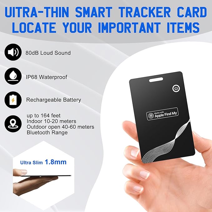 Wallet Tracker Card, Rechargeable Finder, Works With Apple Find My (iOS Only), Thin GPS Item Locator for Wallets, Luggage and More, IP68 Waterproof (Black)