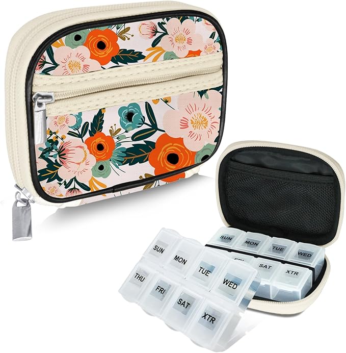 Serfeymi Weekly Travel Pill Organizer Pill Case for Purse with Removable 7 Day Pill Box, Fashionable Travel Medicine Organizer Pill Container for Medicine, Vitamin, Supplement - Bloom 01 + Pill Box