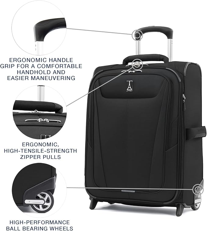 Travelpro Maxlite 5 Softside Expandable Upright 2 Wheel Carry on Luggage, Lightweight Suitcase, Men and Women, Black, Carry On 20-Inch