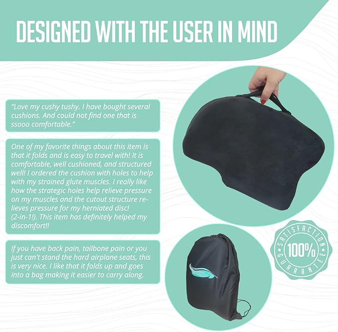 Premium Foldable Travel Seat Cushion - for Relief of Lower Back, Sciatic, Butt and Tailbone Pain - for Home & Office Use, Perfect for Travel or Driving - Coccyx Seat Cushion