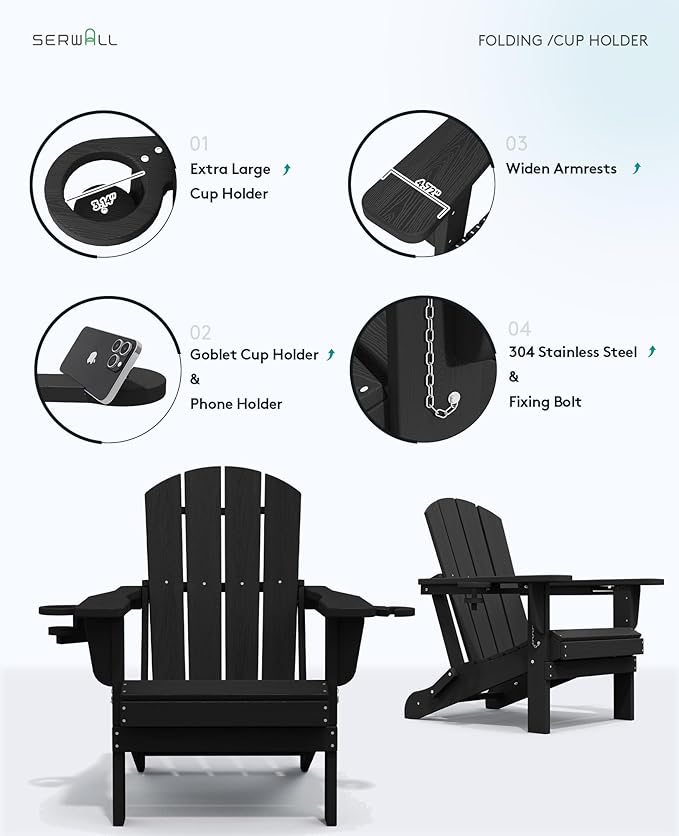 SERWALL HDPE Folding Adirondack Chair with Dual Cup Holder - Composite Adirondack Chair Set of 2- Black