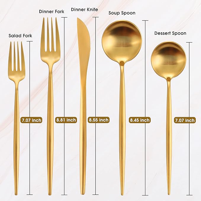 60-Piece Stainless Steel Flatware Set - Matte Gold, Dishwasher Safe, Includes Knives, Spoons, Forks, Satin Finish