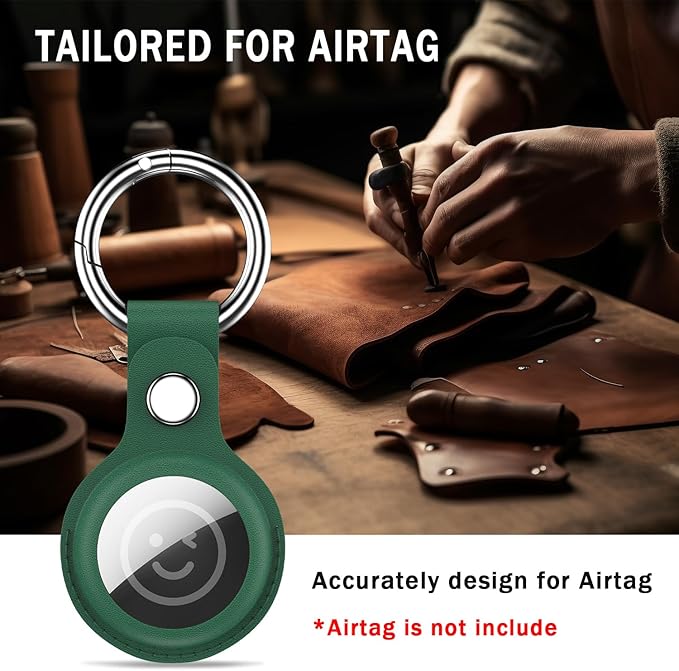 RFUNGUANGO Airtags Holder Keychain Keyring, 4 Pack Leather Case Cover for Women Men Kids with Apple Air Tag GPS Tracker Item Finders-Brown,red,Green,Grey