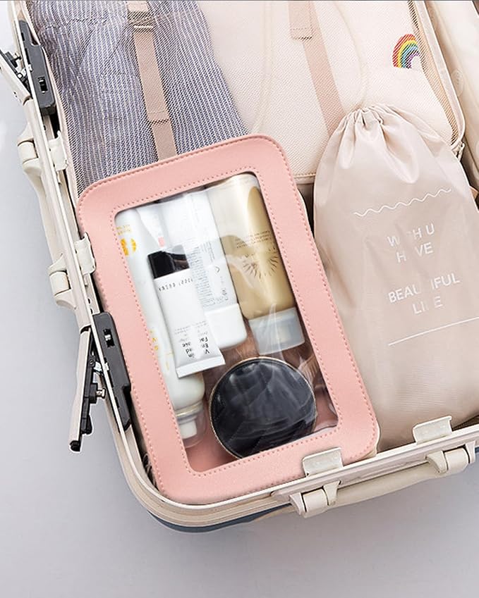 2 Pcs Clear Makup Bag Set, Clear Cosmetic Bags with Zipper Waterproof Small Travel Cosmetic Case Cute Make Up Pouch Mini Car Essentials for Women Travel Car Organizer (Pink Set)