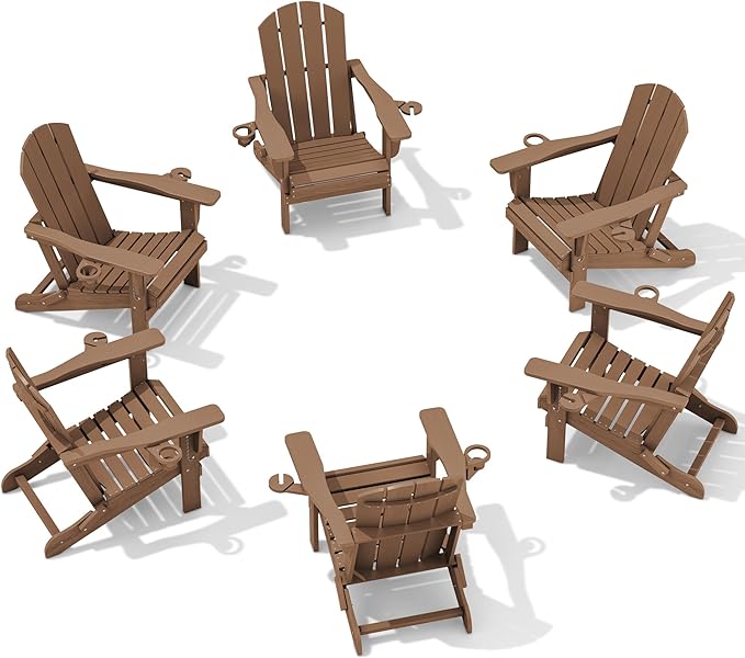 SERWALL Adirondack Chair with Cup Holders - Composite Adirondack Chairs Set of 6 HDPE Outdoor Chairs All Weather Use- Brown
