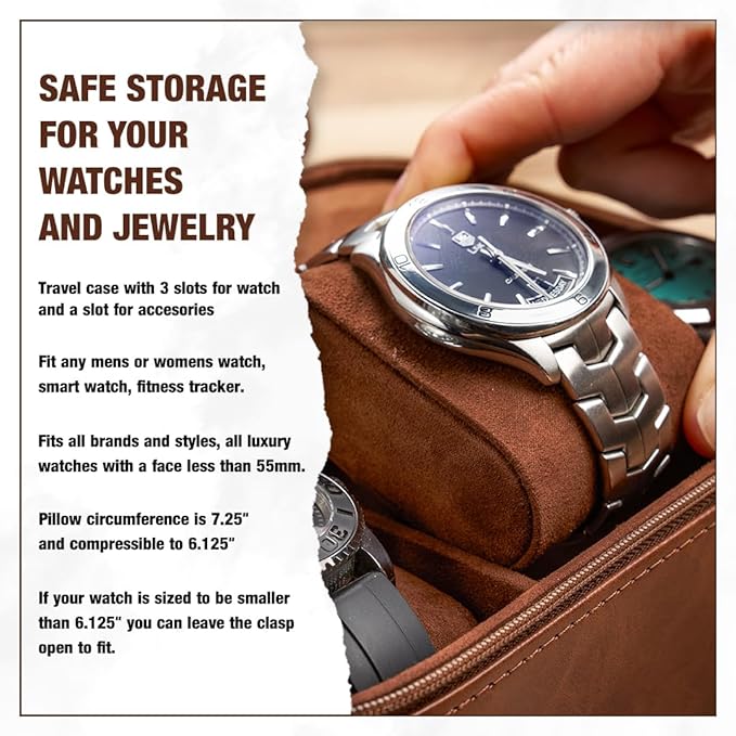 Awesometik Luxury Travel PU Leather Watch Case. Watch Storage Organizer. Watch Display & Watch Holder. Perfect For Watch Collection. Ready to Gift for Men (Brown/Brown, Engraved 3 Slot Watch Case)