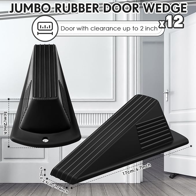Frienda 12 Pcs Jumbo Door Stoppers Heavy Duty Door Stopper Tall up to 2inch Tall Wedge TPR Large Wedge Stackable Big Rubber Doorstop for Hotel Carpet Hardwood Concrete and Tile (Black)