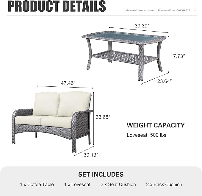 HOOOWOOO Patio Furniture Set,Outdoor High Back Loveseat Set,All Weather Wicker 2-Seater-Sofa Love Seat with Table,Beige