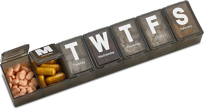 Weekly Pill Organizer - Extra Large with Easy to Read Jumbo Letters Vitamin Container, BPA Free - Daily Travel 7 Day Medication Pill Box Case, (Black)