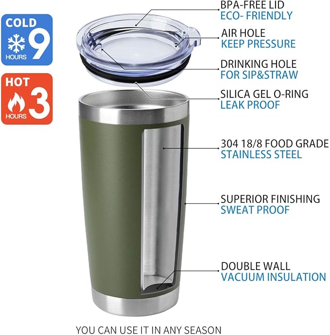HASLE OUTFITTERS 20oz Tumblers Bulk Stainless Steel Cup with Lid Double Wall Vacuum Insulated Coffee Mug for Cold & Hot Drinks 8 Pack, Army Green