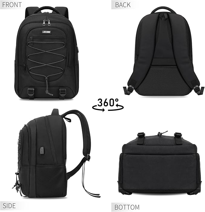 Black Backpack for Men Women, Backpack for School, School Backpacks for Boys Girls Teens, 17.3 inch Laptop Back Pack with USB Charging Port, Large College Book Bag, Business Work Travel Bookbag