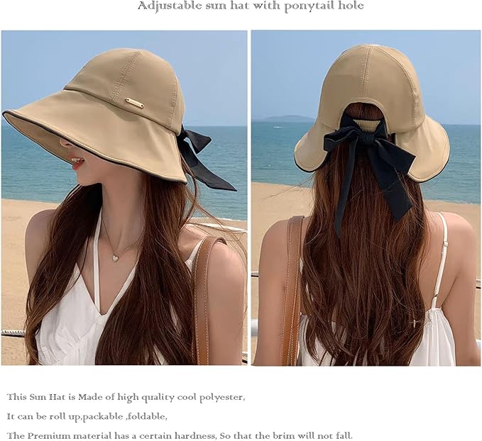 Wide Brim Hats for Woman Foldable Hats Sun Hats for Women uv Protection Bowknot Bucket hat Adjustable hat with Ponytail Hole
